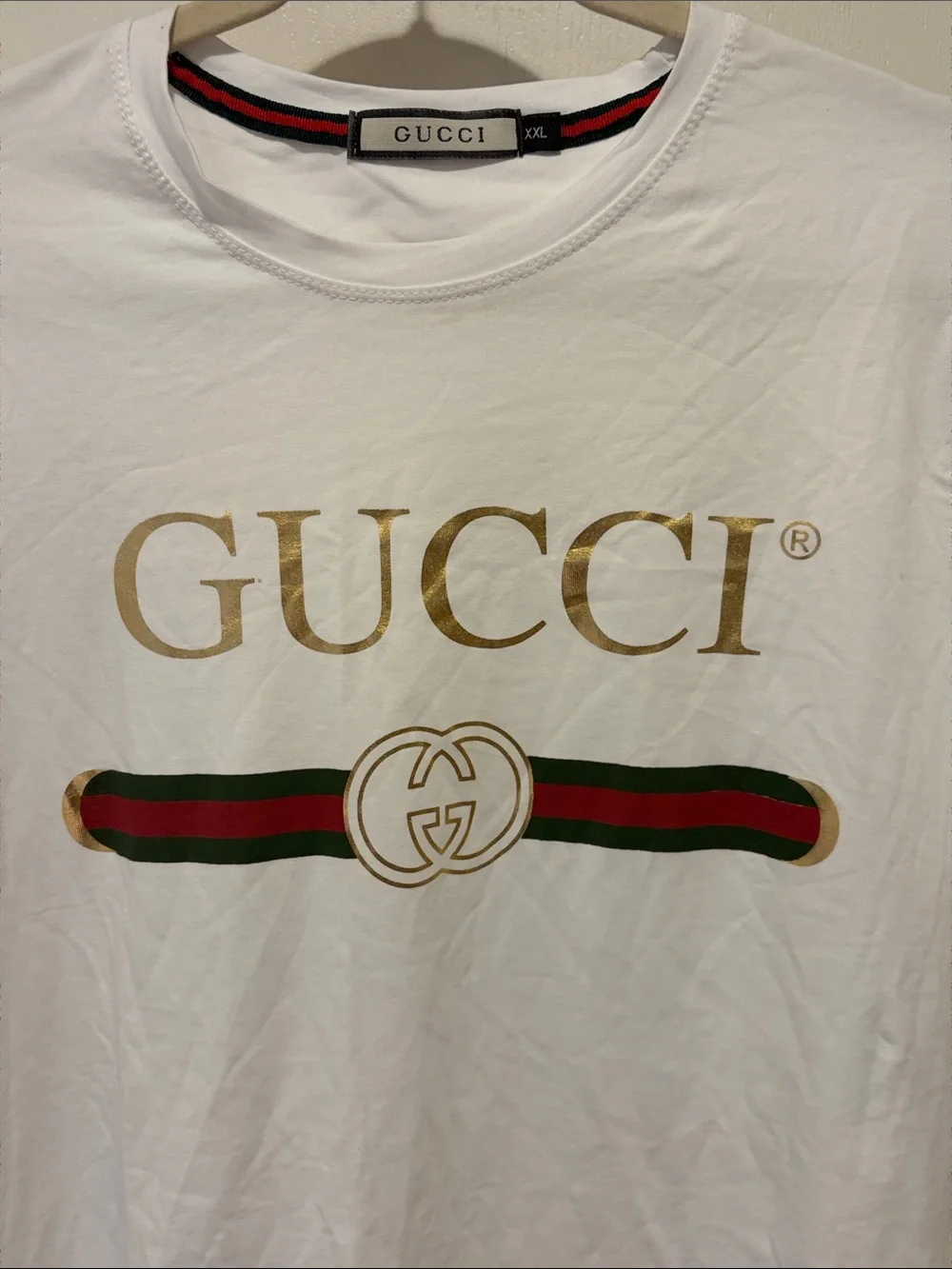 Gucci White Tee with Gold Logo and Green-Red Web Stripe